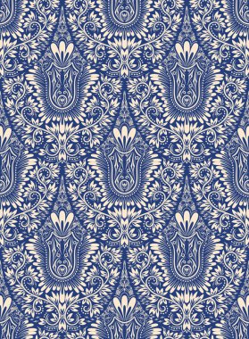 Beyaz Mavi çiçek damasko seamless modeli