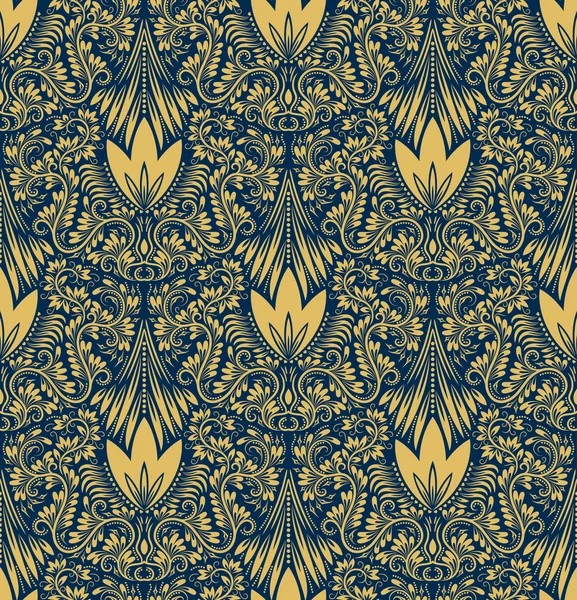 Goldener blauer floraler Damast nahtloses Muster — Stockvektor