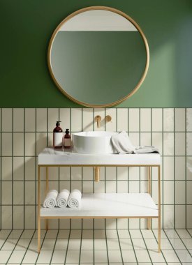 Modern, en az yeşil, beyaz lavabolu bir banyo.