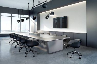 Deri sandalyeli ve çoklu kolye lambalı gri ve antrit çağdaş modern ofis toplantı odasının 3 boyutlu görüntüsü