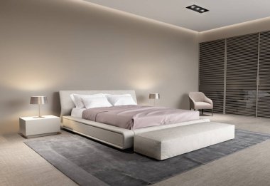 Modern bej renkli, gri halılı bir otel odası.