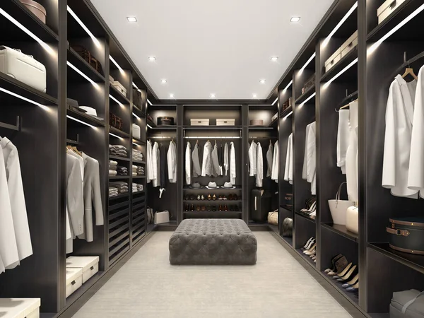 3d render of a Modern black luxury walk in closet, dressing room, wardrobe