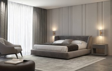 3d render of a Luxury beige and grey inreior bedroom with brass wall lamps clipart