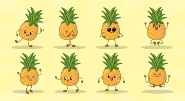 Bir dizi tatlı çizgi film ananası. vektör illüstrasyonu