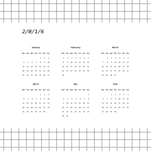 2016 calendar design in minimalistic style (January-June) — Stock Vector