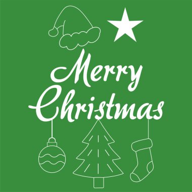 Bir Noel ağacı, süs, çorap, yıldız ve Noel Baba şapkasıyla yeşil bir bayram arka planının yer aldığı zarif beyaz çizgi sanat simgelerinin yer aldığı bir Noel karşılama tasarımı. Tebrik kartları, sosyal medya paylaşımları, mevsimlik pazarlama için idealdir.