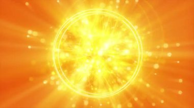 Parlayan Işık Işınları ve Canlı Turuncu Arkaplan Üzerine Geleceğsel Parçacık Animasyonuyla Parlayan Altın Enerji Küresi