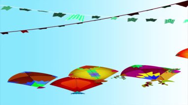 Dikey olarak canlı uçurtma festivali. Uçurtmalar çapraz bir çizgide dizilir, hareket ve enerji hissi yaratır..