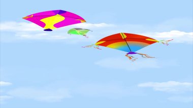 Geleneksel Hint festivali Makar Sankranti 'nin canlı bir dikey sahnesi. Her birinin eşsiz bir tasarımı olan üç uçurtma gökyüzünde süzülüyor..