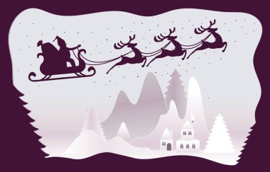 Noel kartı sanat konsepti, Noel Baba ve ren geyiği soyut arka planda hediye, kar, yıldız, Noel ağacı, web afişi tasarımı, poster, Noel davetiyesi ve yeni yıl festivali.