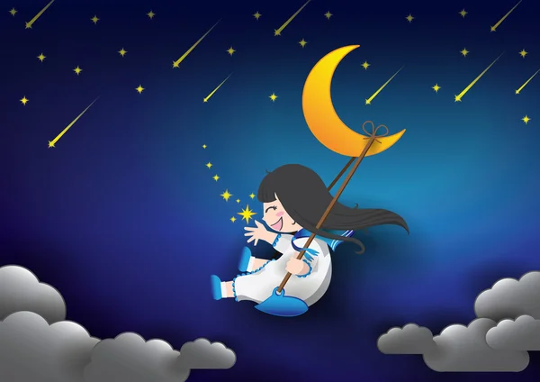 Night sky moon and girl — Stock Vector