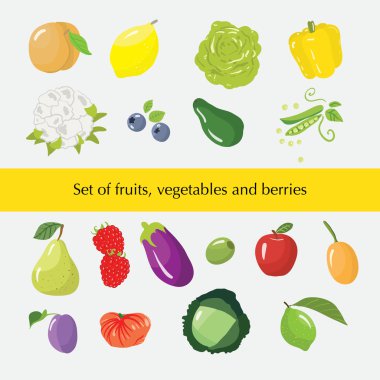 Set of different fruits, vegetables and berries clipart