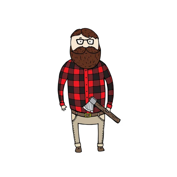 Cute lumbersexual man with an axe and glasses — Stock Vector