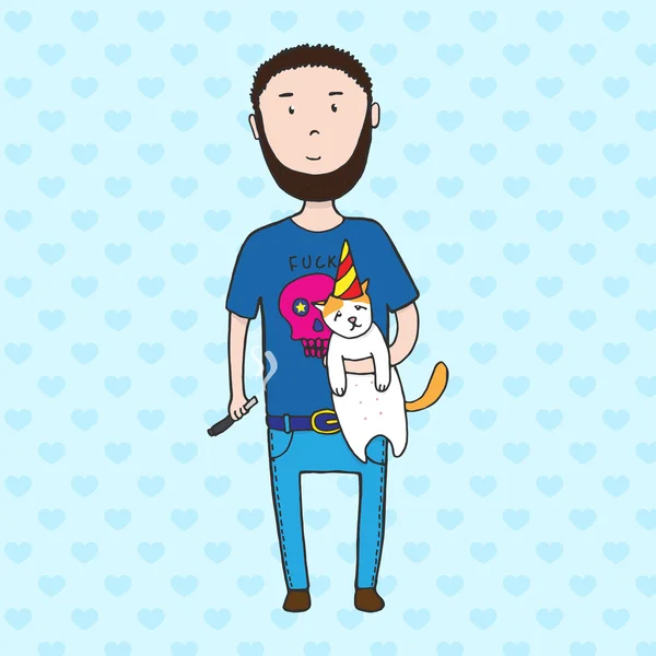 Hombre con un gato en sombrero de cumpleaños — Vector de stock