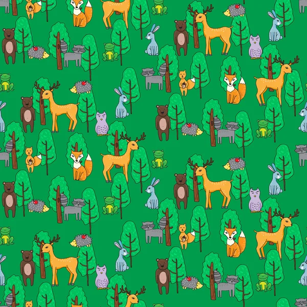 A különböző anumals egy karikatúra s erdőben varrat nélküli mintát — Stock Vector