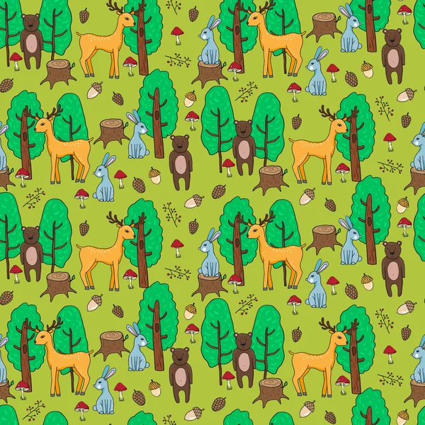 Padrão sem costura com diferentes anúfalos em uma floresta em desenhos animados s — Vetor de Stock
