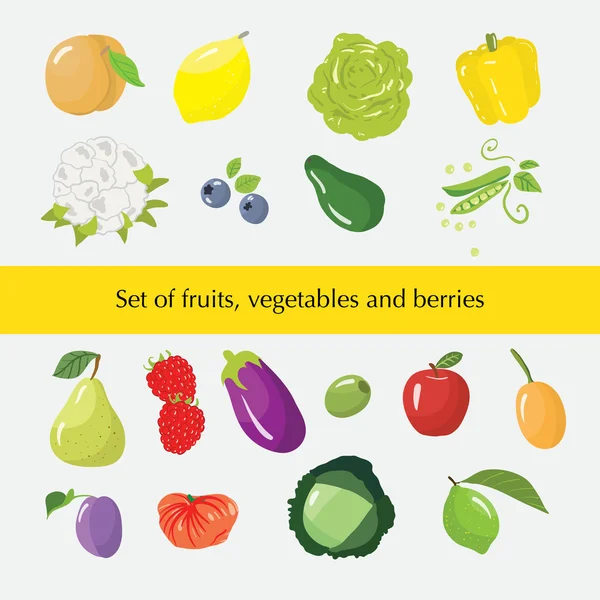 Conjunto de diferentes frutas, legumes e bagas — Vetor de Stock