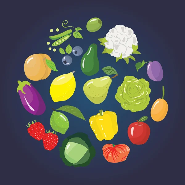 Set van verschillende vruchten, groenten en bessen. — Stockvector