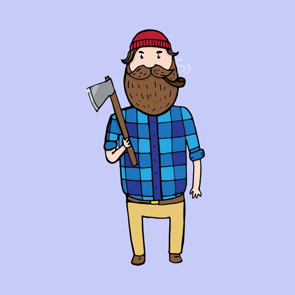 可爱的大胡子伐木工人用斧子 — 图库矢量图片