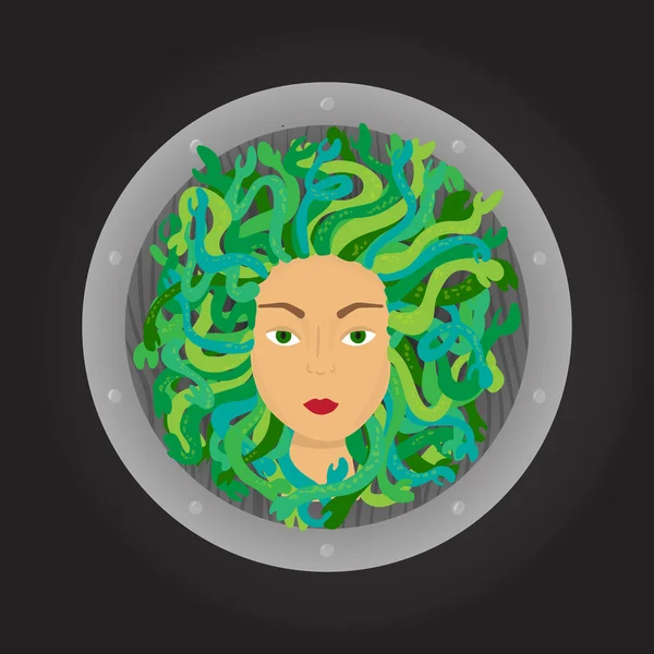 Medusa Gorgon cabeza con un escudo en el fondo — Archivo Imágenes Vectoriales