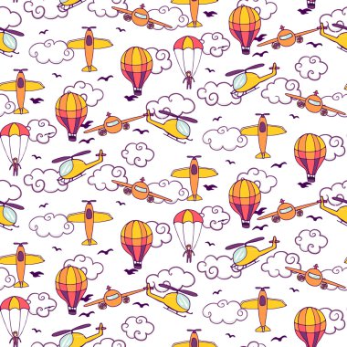 Balonlar, uçaklar ve helikopterler ile Dikişsiz vintage desen
