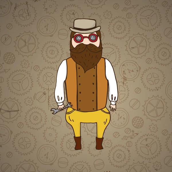 Lindo piloto steampunk con llave inglesa y barba — Vector de stock