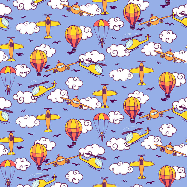 Бесшовный винтажный рисунок с воздушными шарами, самолетами и вертолетами
