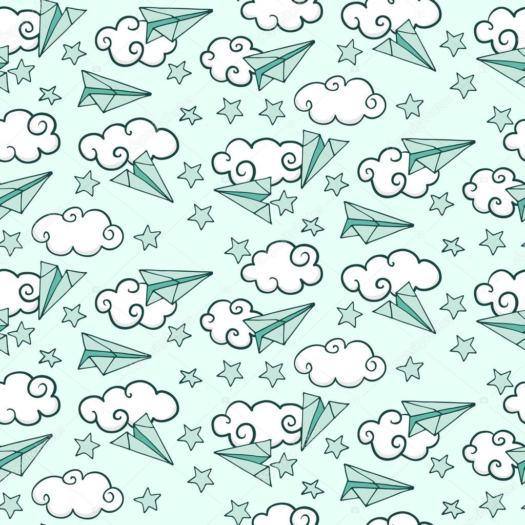 Seamless pattern with paper airplanes in clouds