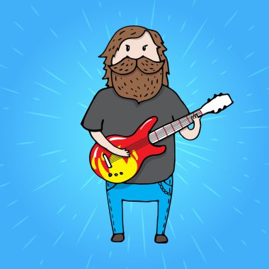 Bearded man from a rick band with a giutar.  clipart