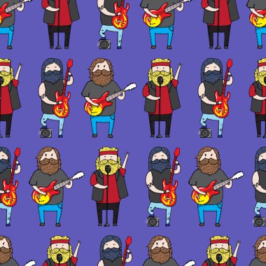 Seamless pattern with cute bearded men from a rock band clipart