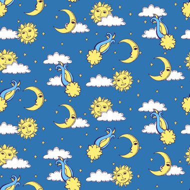 Seamless alchemy pattern with suns, moons, comets and clouds in  clipart