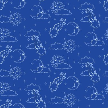 Seamless alchemy pattern with suns, moons, comets and clouds in 