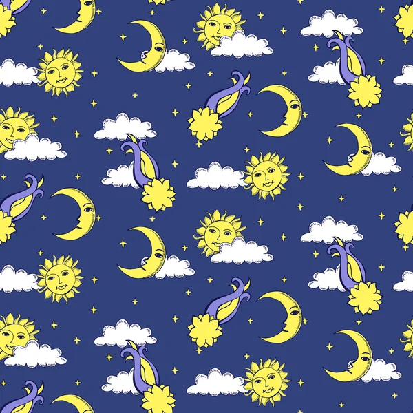 Nahtlose Alchemie-Muster mit Sonnen, Monden, Kometen und Wolken in — Stockvektor