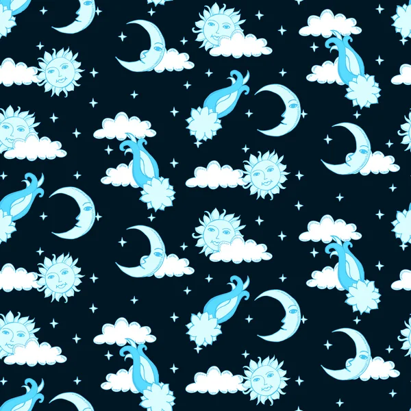 Modèle alchimique sans couture avec soleils, lunes, comètes et nuages dans — Image vectorielle