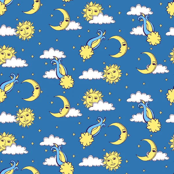 Seamless alchemy pattern with suns, moons, comets and clouds in — Stock Vector