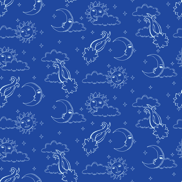 Seamless alchemy pattern with suns, moons, comets and clouds in 