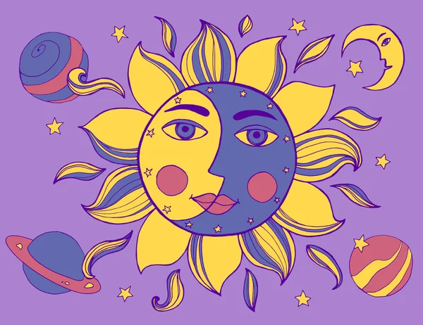 Slunce a měsíc v jedné tváře. Alchymie vektorové ilustrace — Stockový vektor