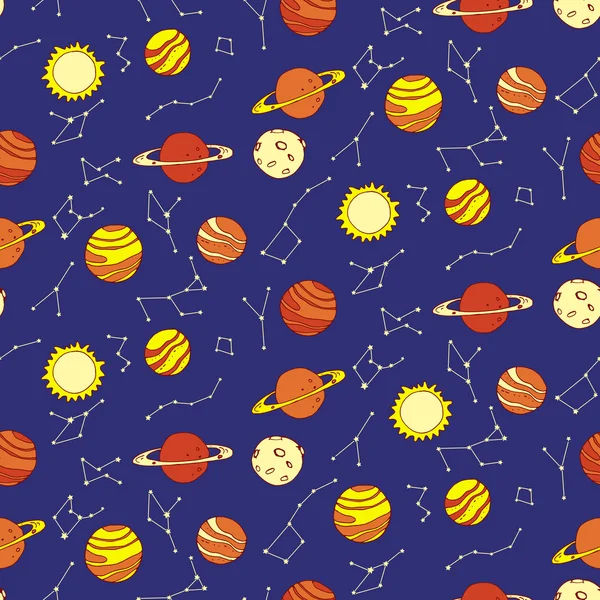 Seamless pattern with planets and constellations in night sky