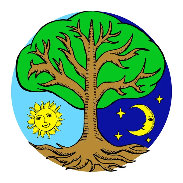 Árbol de alquimia con sol y luna de diferentes lados. N — Vector de stock