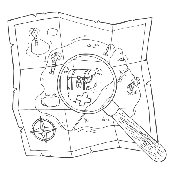 Eine Karte mit einem Schatz und einer Lupe — Stockvektor