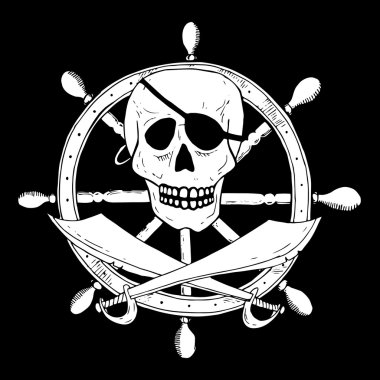 Kafatası ve kılıç ile bir dümen arka plan üzerinde korsan işaretiyle