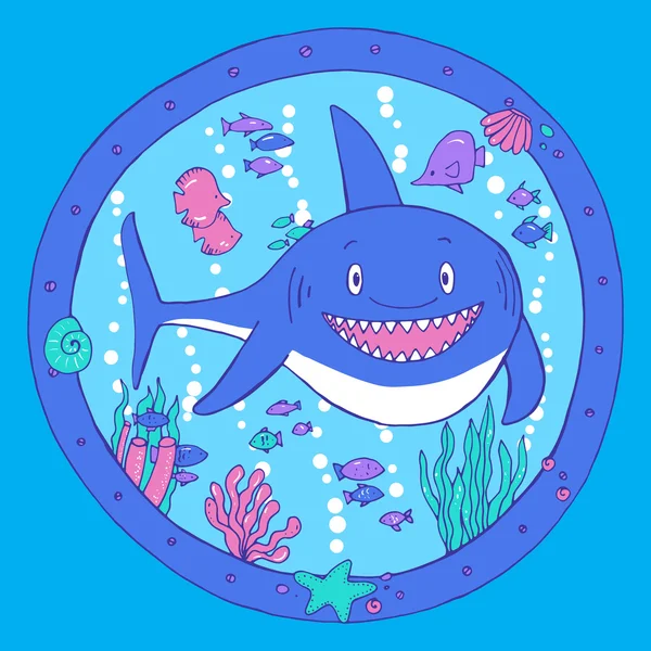 Un requin dans un hublot. Vie sous-marine . — Image vectorielle