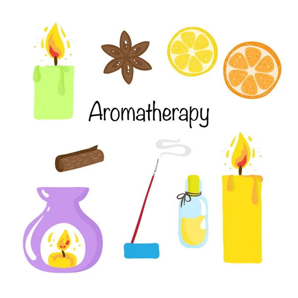 Aromaterapia conjunto de diferentes elementos . — Vector de stock