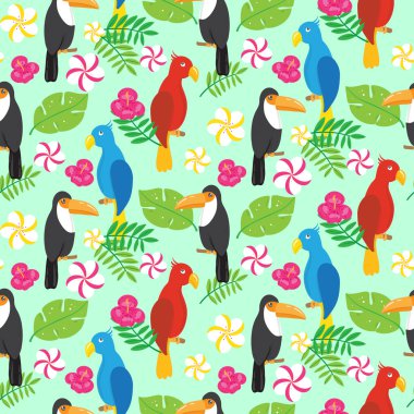 Tropik Brezilya tucans ve papağan ile Seamless Modeli