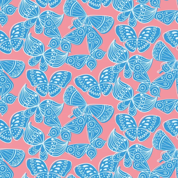 Modello senza soluzione di continuità con doodle stilizzare diverse farfalle — Vettoriale Stock
