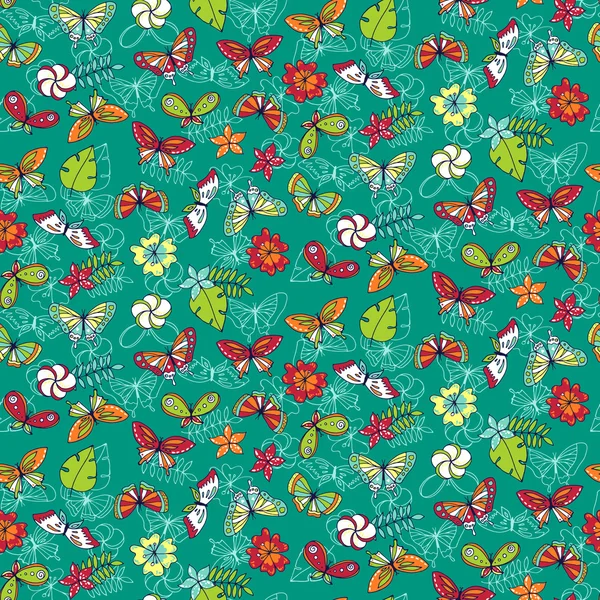 Seamless pattern with tropical butterflies and different flowers — Stock Vector