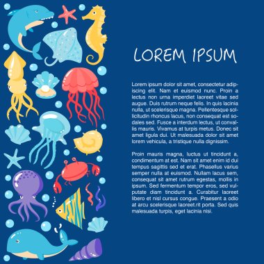 Card with different cute underwater animals in cartoon style wit clipart