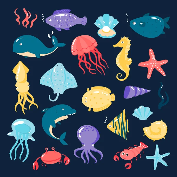 Sada různých mořských živočichů v roztomilý kreslený styl — Stockový vektor