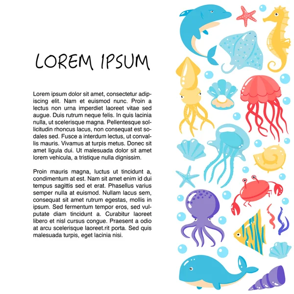 Картка з різними милими підводними тваринами в мультиплікаційному стилі — стоковий вектор