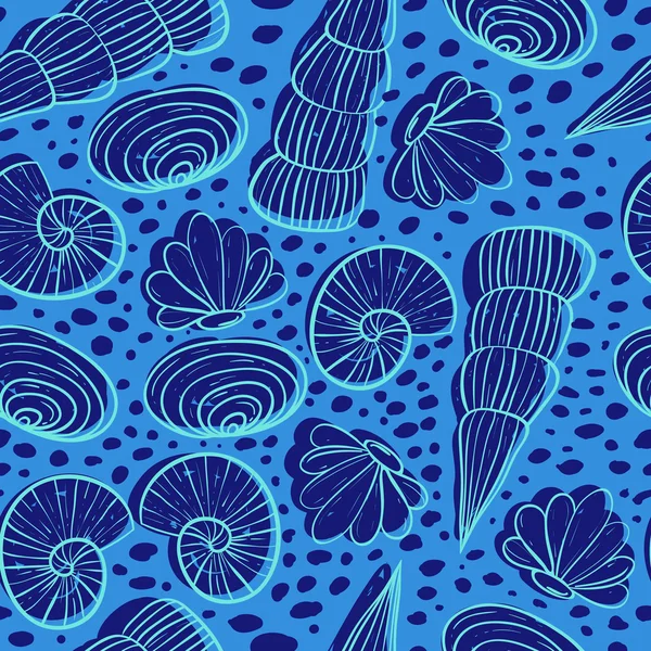 Άνευ ραφής θάλασσα μοτίβο με διαφορετικά κελύφη — Διανυσματικό Αρχείο